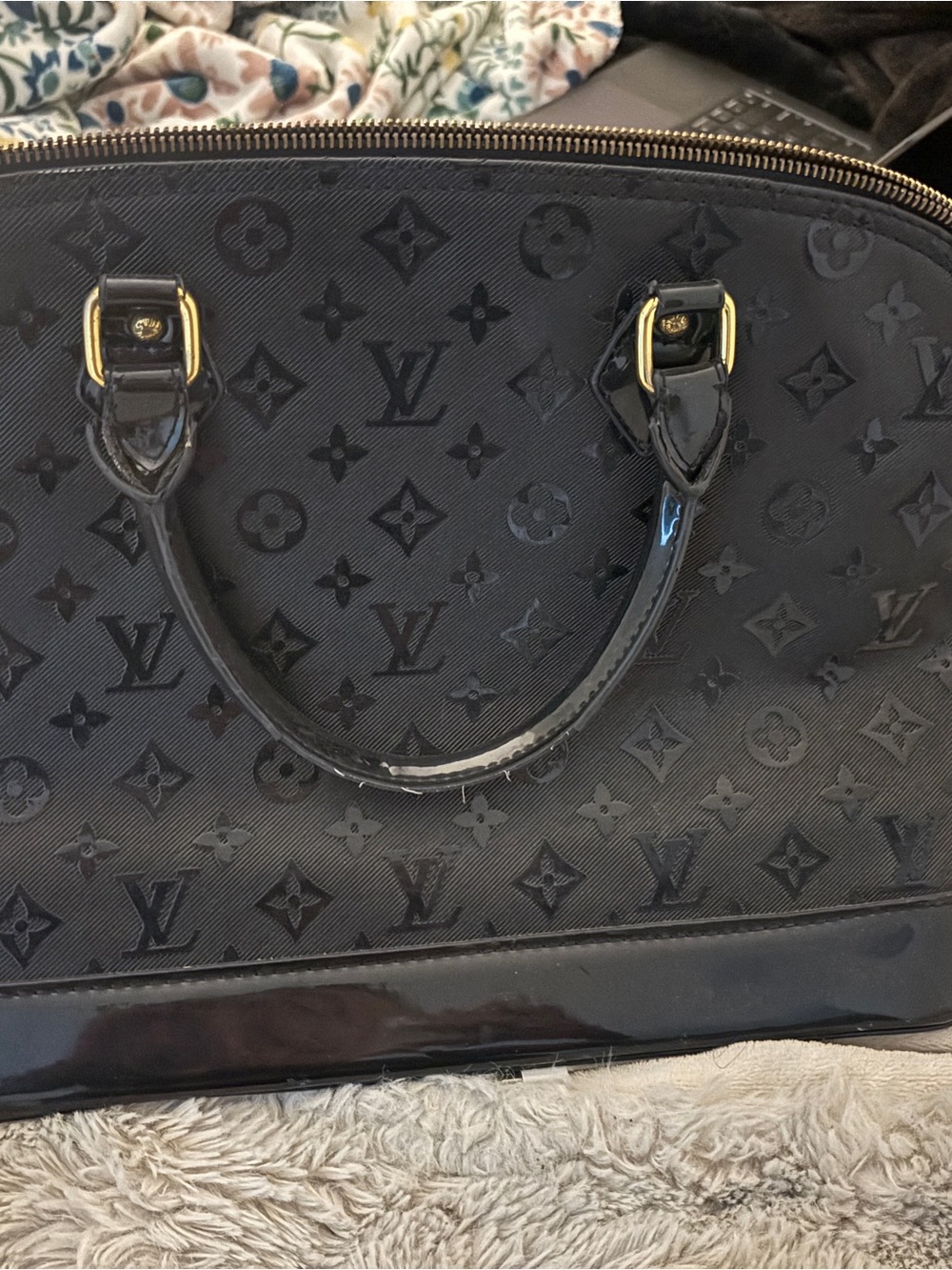 Louis Vuitton Black Monogram Patent Satchel with Gold Hardware